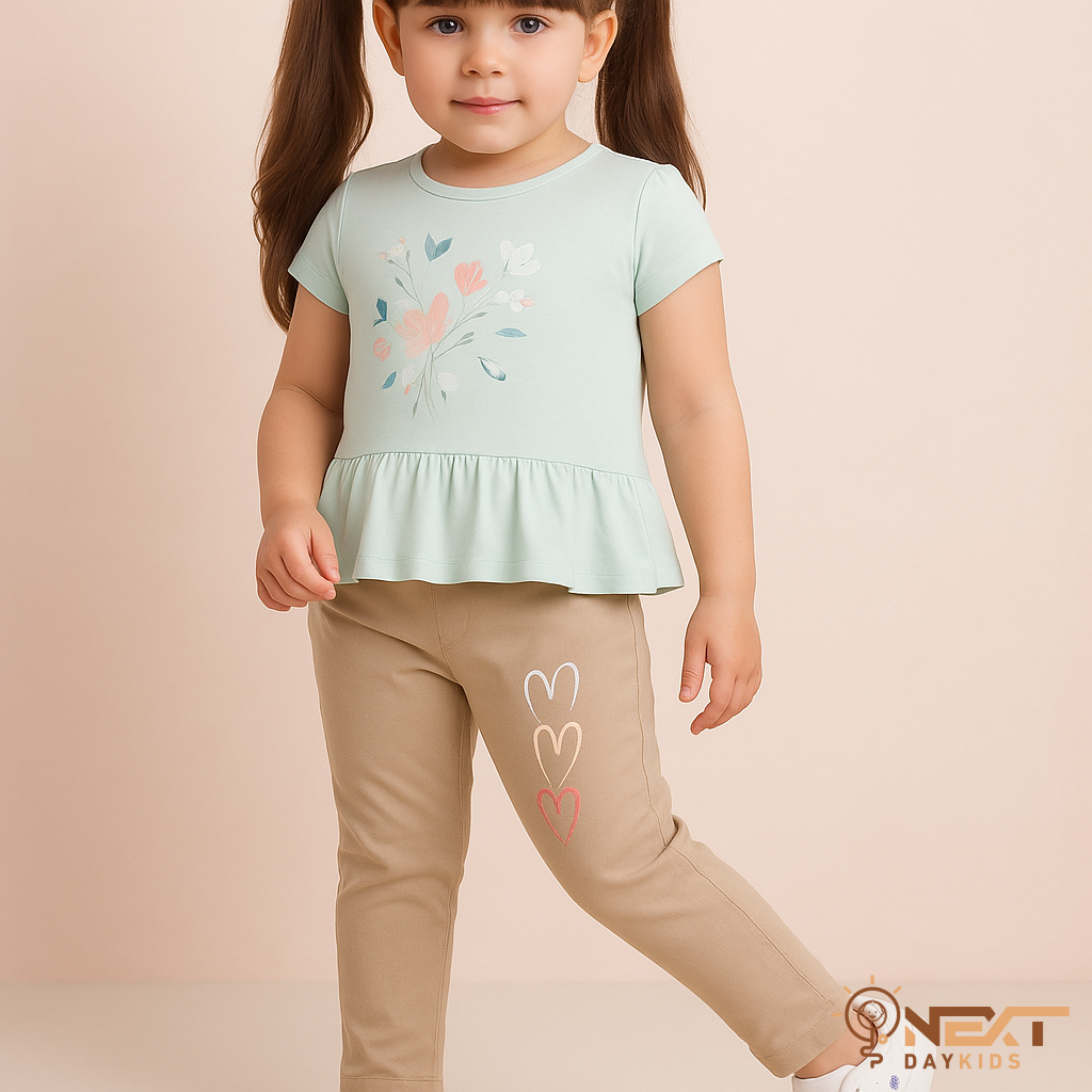 طقم بلوزة مطبوعة وبنطلون ليقنز للبنات